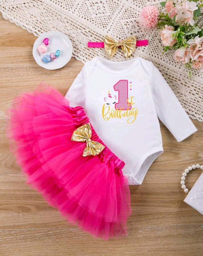 First Birthday Outfit will Long Sleeve Cerise Pink Tutu and Headband Lyfie Boutique