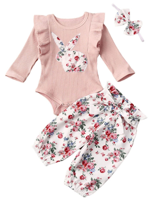 Ribbed Bunny Floral Romper and Bowknot Pants