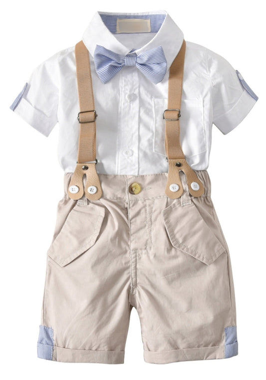 Gentleman Suit, White Shirt,  Bowtie, Chino Shorts And Suspenders