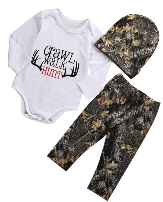 Crawl, Walk, Hunt Romper with Camo Pants and Beanie