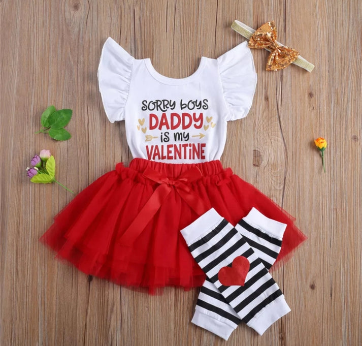 Sorry Boys DADDY is My Valentine Romper Tutu, Knee Warmers and Headband