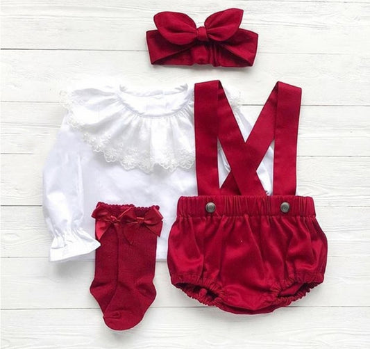 White Long Sleeve Top with Lacr Neckline , Red Overalls and Headband