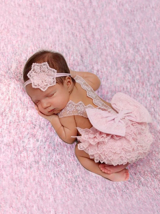 Newborn Contrast Lace Bow Back Bodysuit & Headband