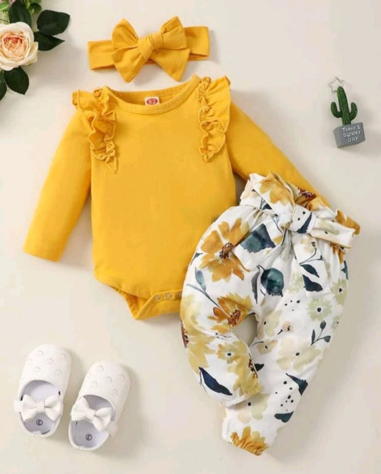 Yellow Ruffle Romper with Floral Bowknot Pants and Headband