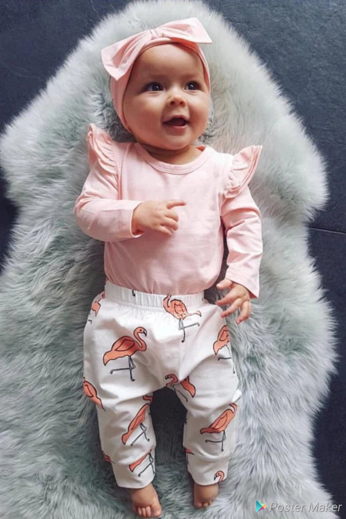 Pink Ruffle Sleeve Romper with Flamingo Pants and Headband 