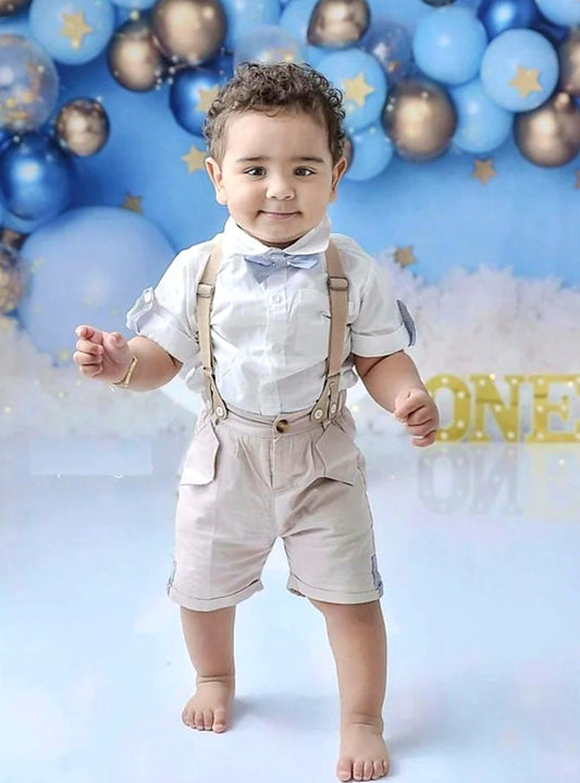 Gentleman Suit, White Shirt,  Bowtie, Chino Shorts And Suspenders