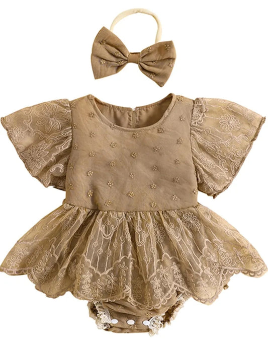 Mocca Lace Romper Dress with Headband