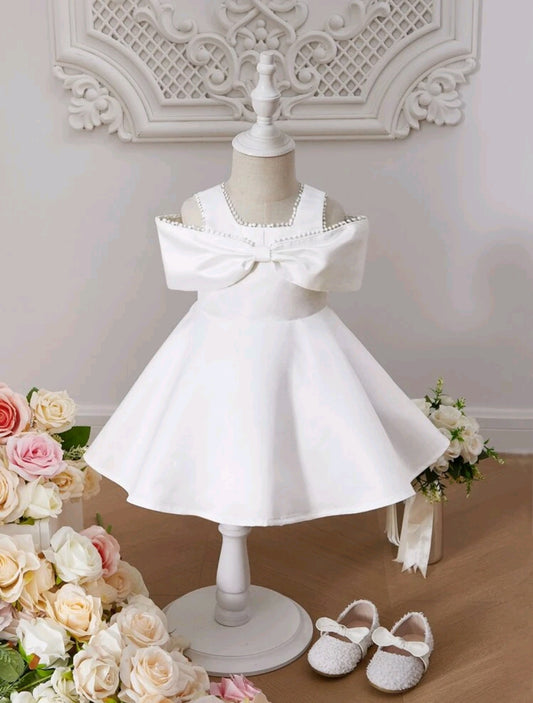 Baby Bow Front Lace Trim Gown Dress