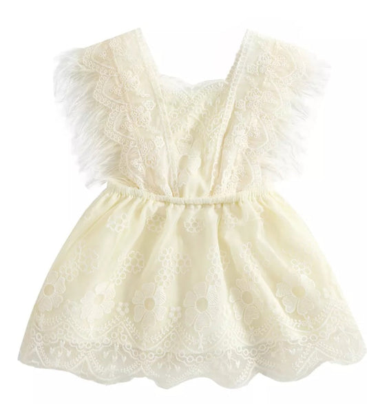 Ivory Lace Dress with Feather Detail