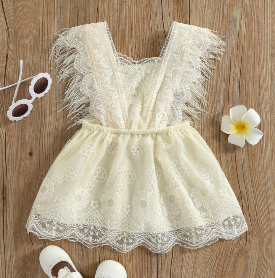 Ivory Lace Dress with Feather Detail