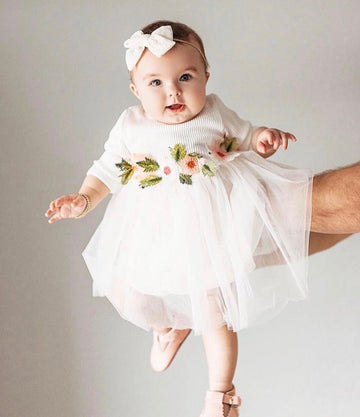 White Ribbed Lace Dress with Floral Design