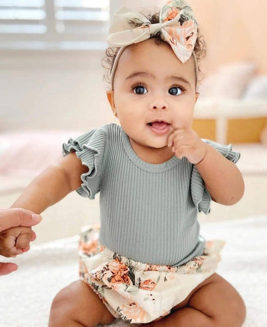 Mint Ruffle Sleeve Romper with Floral Bloomer and Headband