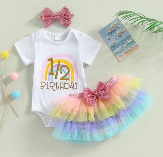 1/2 Birthday Rainbow Romper with Rainbow Ruffle Bloomer and Headband