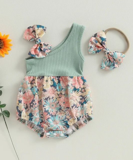 Mint Ribbed Floral Romper with Headband