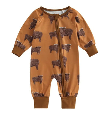 Tan Ranch Life Cow Romper with Side Zipper