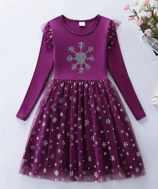 Plum Snow Princess Dress with Embroidered Snowflake