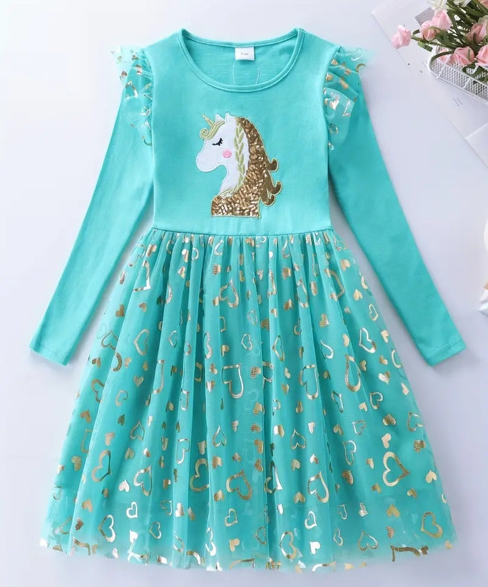 Teal Sequins Unicorn Dress