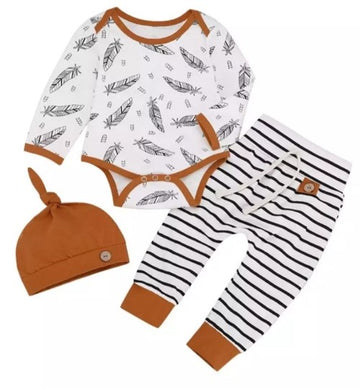 Feather Romper with Striped High Wasted Pants and Pumpkin Hat